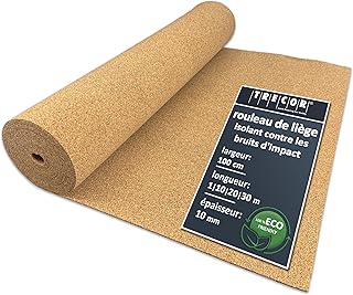 10 m² | Isolation phonique TRECOR Rouleau en liège – Épaisseur 10 mm – Isolation acoustique naturelle et écologique pour sols stratifiés et parquets – 10 m²