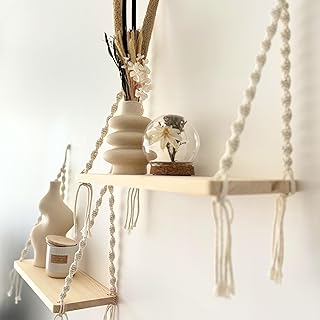 Lot de 2 Étagères Murales Suspendues en Bois avec Corde Macramé – Déco/Décoration Murale Bohème Cocooning pour Plantes, Chambre, Salon, Salle de Bain, sans Perçage, Style Boho Scandinave