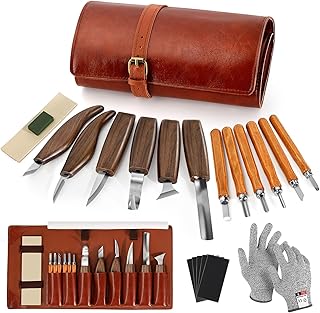 Lot de 17 couteaux pour sculpture sur bois, outils pour sculpture sur bois, avec étui, sécurité gants, pierre de polissage, aiguisage, outils de sculpture sur bois pour bricolage débutant